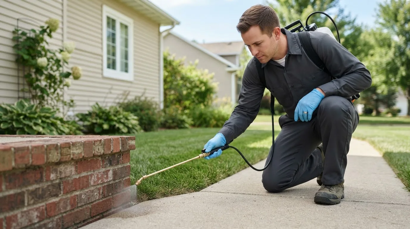 Pest control technician treating a home near Lakeville, MA