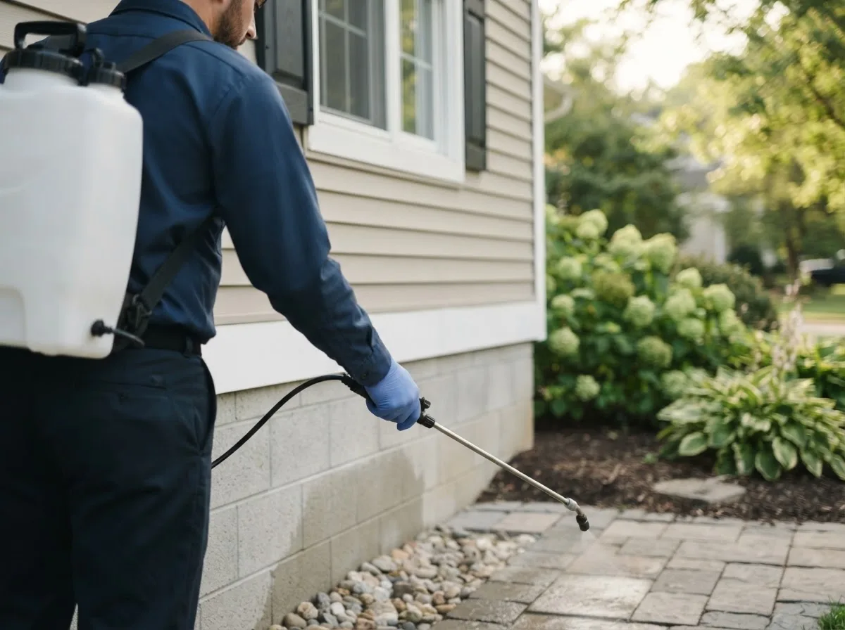 Pest control technician inspecting a home in Lakeville, MA